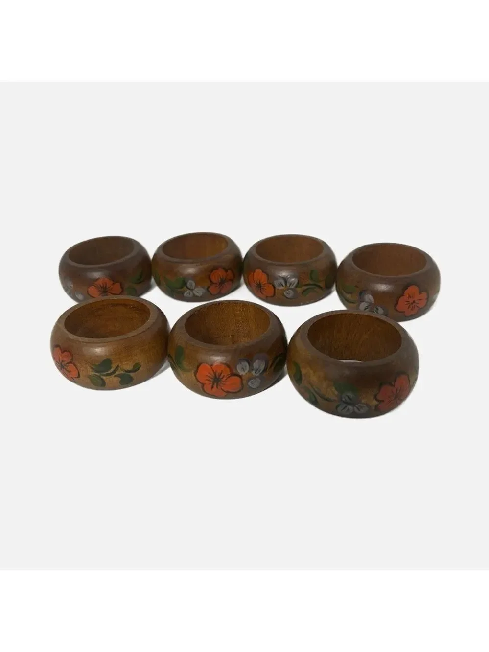 Vintage Napkin Rings Wooden Handpainted Floral Rustic Cottage Core  Set of 7